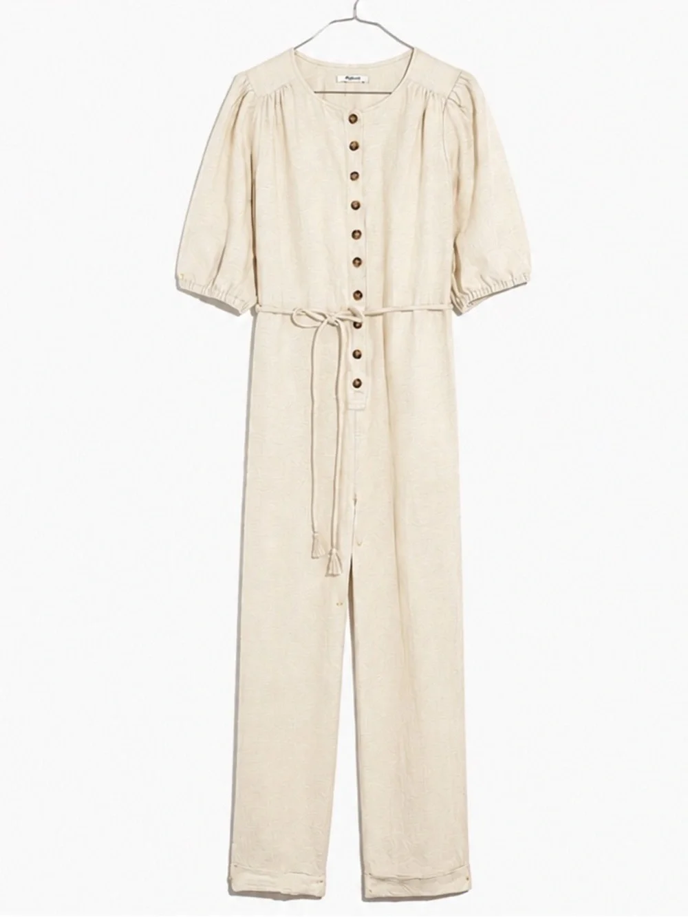 Madewell Women's Linen Blend Jumpsuit Puff-Sleeve Tassel-Tie Ivory Sz Medium NWT - Picture 2 of 8